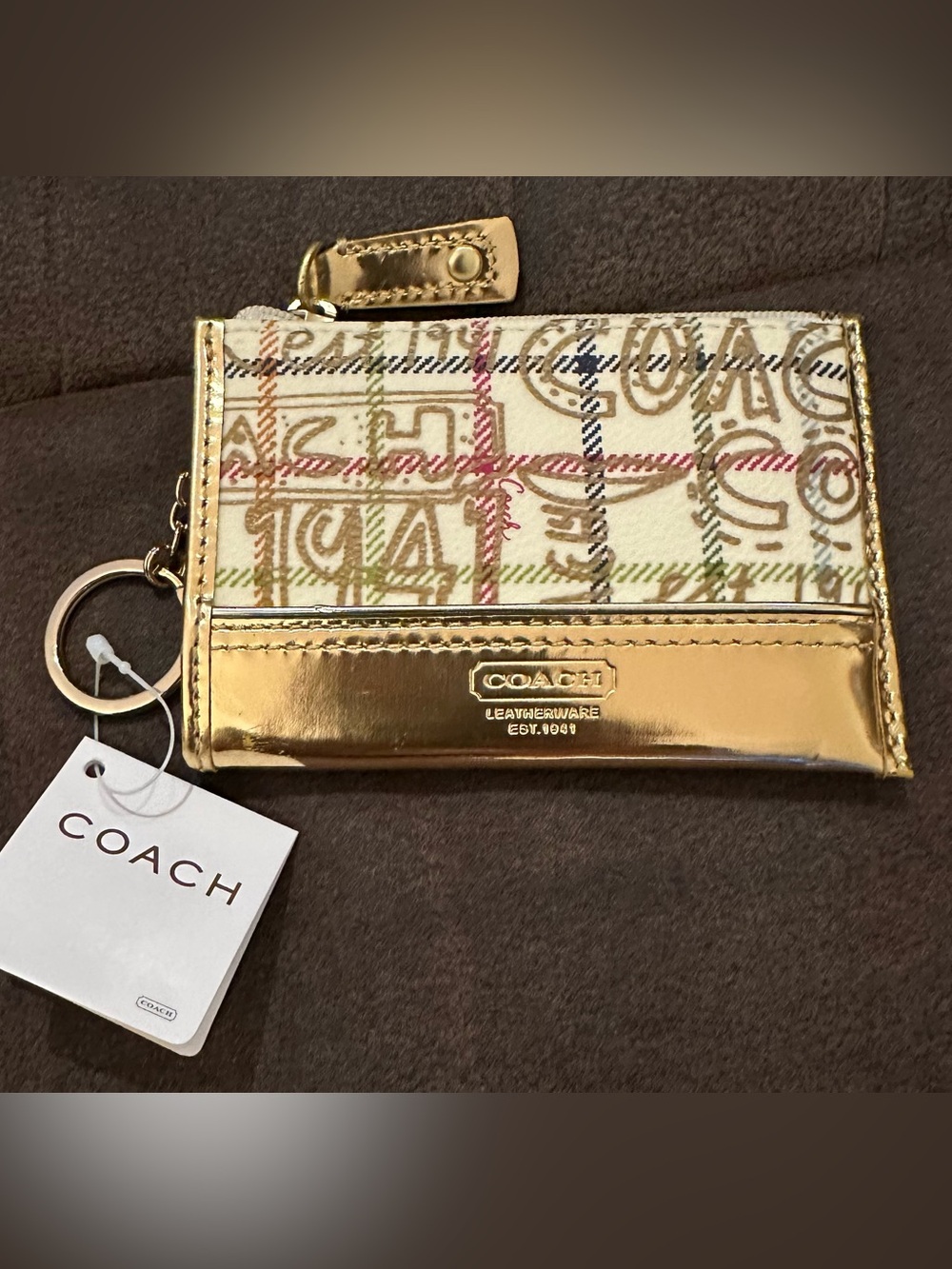 Vintage Coach Poppy Metallic Gold Trim Signature Card Case Key Ring Y2K New